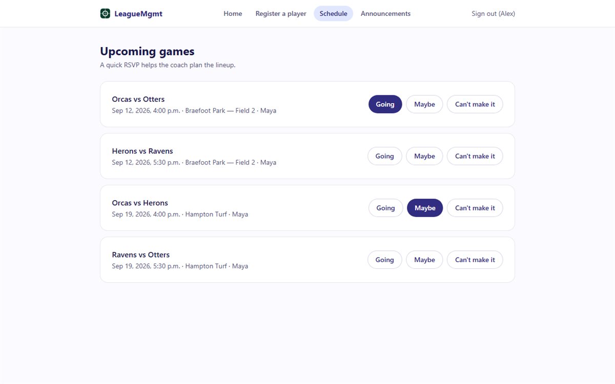 Coach view showing roster and RSVP status for the next game