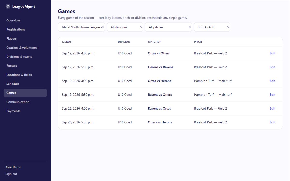 Season-wide sortable game schedule with pitch-level detail