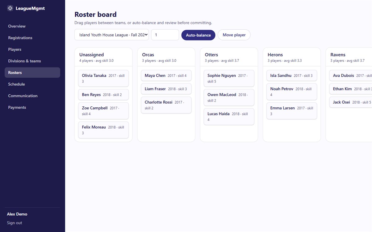 Drag-and-drop roster board with an auto-balance preview