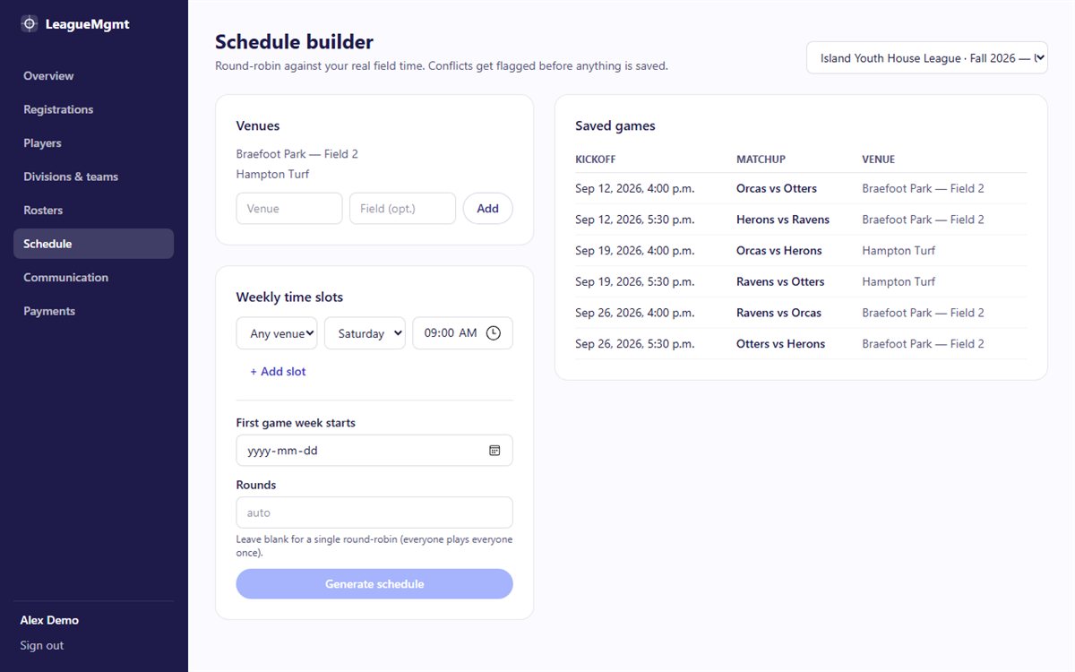 Season schedule builder with conflict warnings